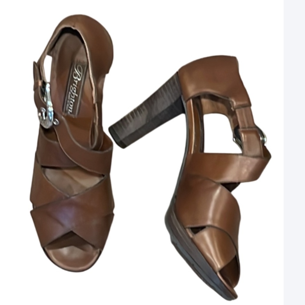 Brighton Vogue Brown Leather Heels with Crisscross design Silver Buckles Size 8M